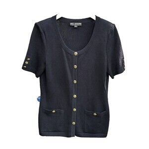 St. John Basics Sweater Size 10 Black Short Sleeve Pockets Button Front Gold